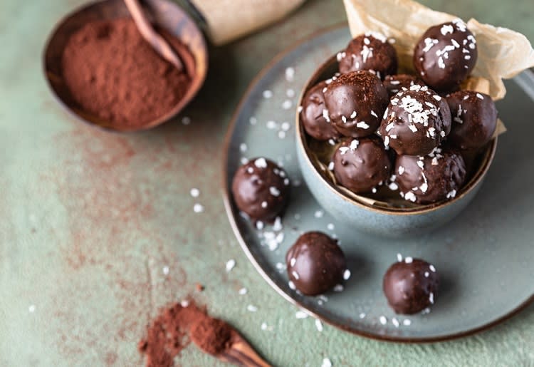 Chocolate glazed chickpeas with sprinkled coconut 
