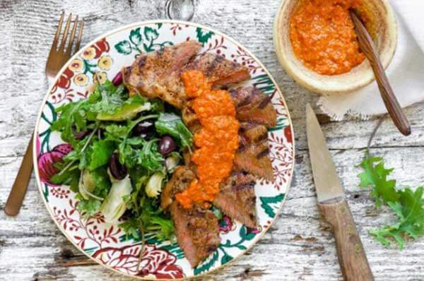 Seared Steak With Romesco and Artichoke-Olive Salad Seared Steak With Romesco and Artichoke-Olive Salad